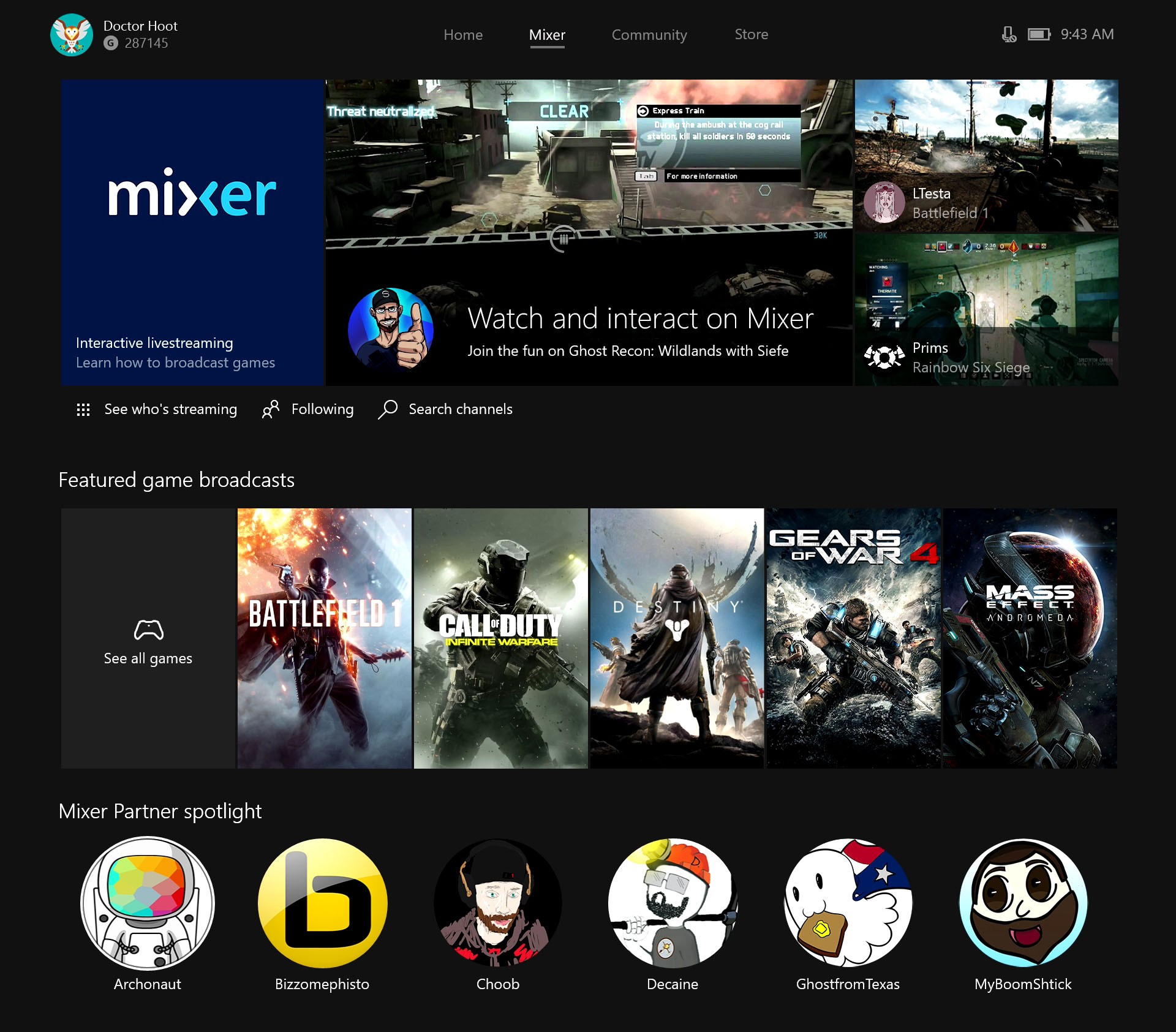 Mixer on Xbox One UI